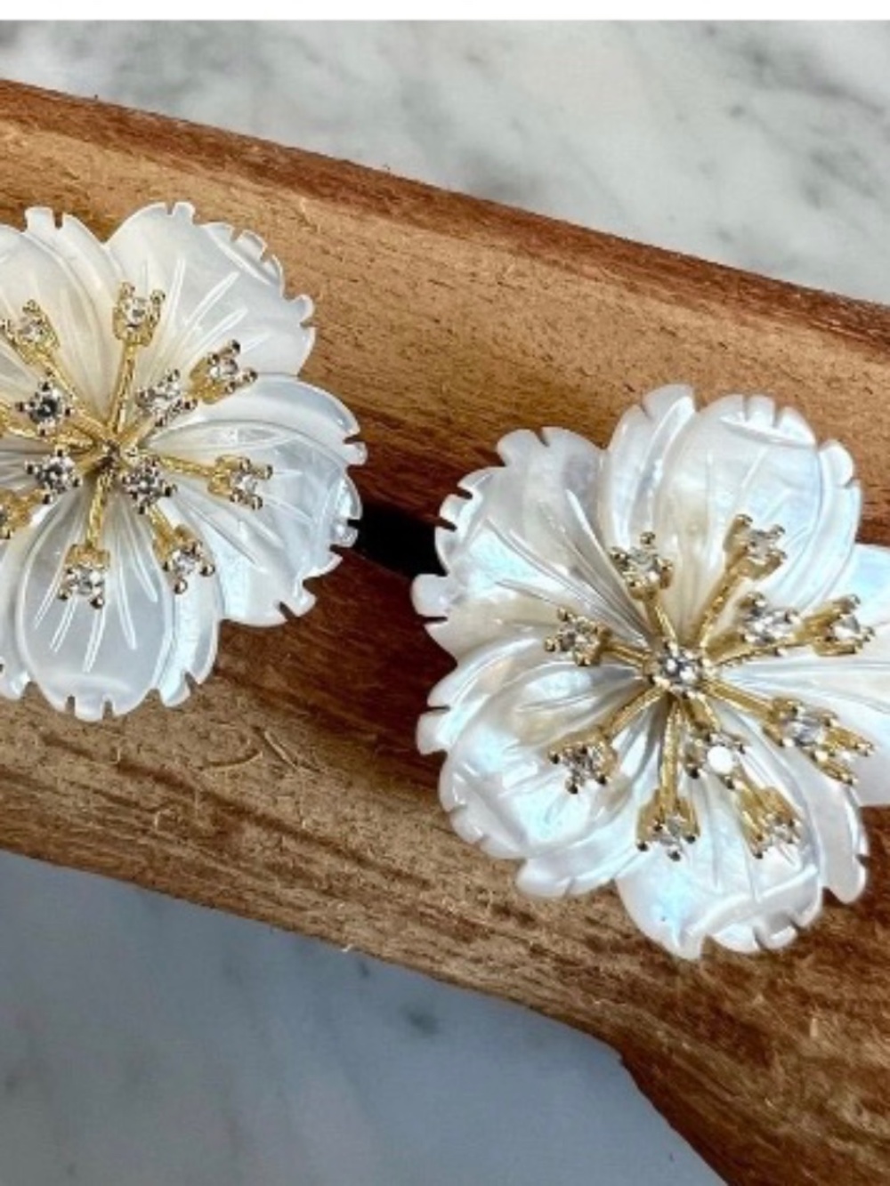 Anthropologie Hand Carved Flower on Genuine Pearl Stud dipped in 14K Gold New